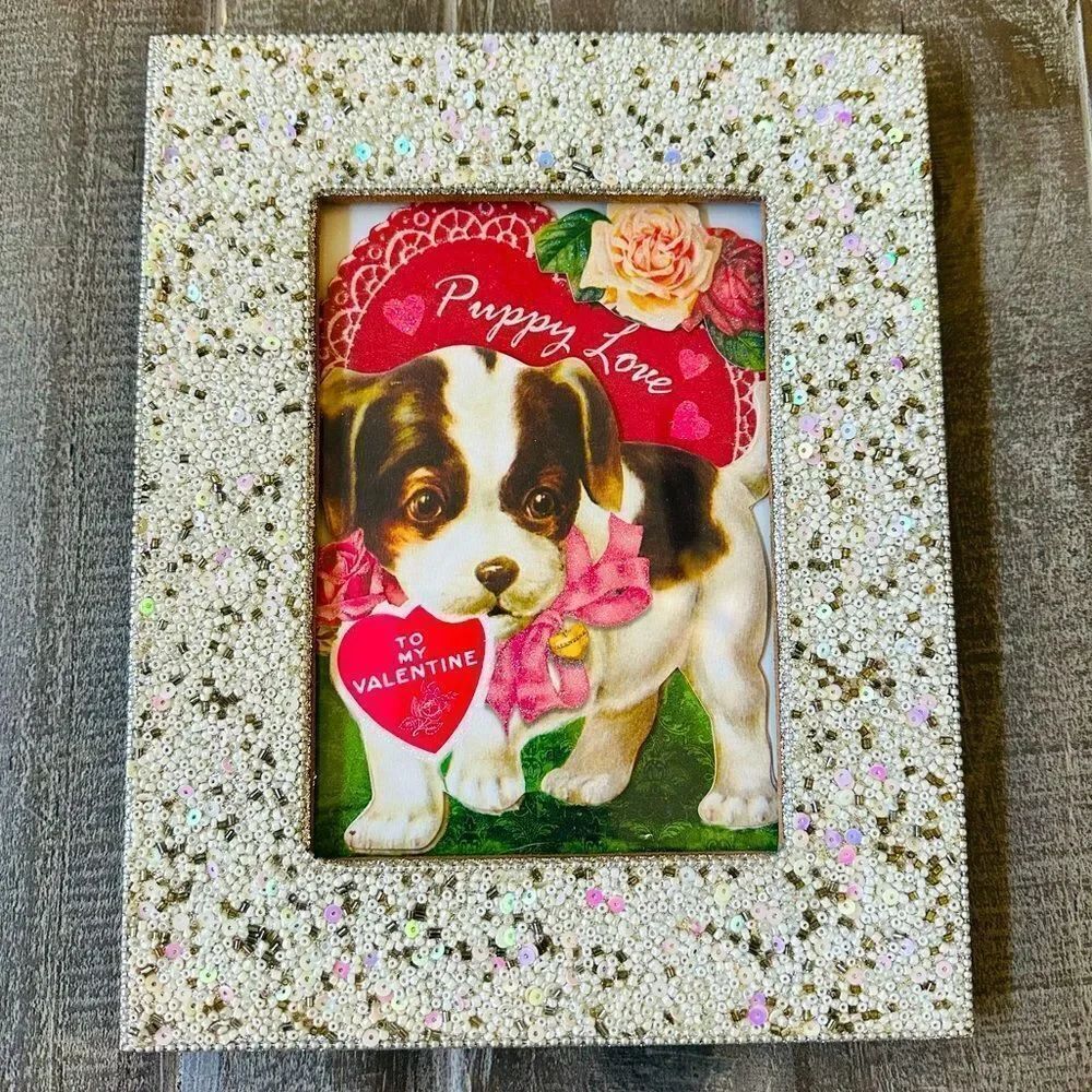 Valentine Puppy Love Dog Sparkly Sequin Beaded Picture Frame Decor